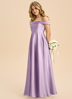Azazie Sissy Junior Frosted Lilac A-Line Off the Shoulder Stretch Satin Dress image6