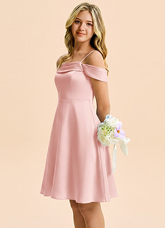 Azazie Anselie Junior Powder Pink A-Line Off the Shoulder Stretch Satin Dress image6