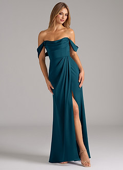 Azazie Johana Bridesmaid Dresses Ink Blue Mermaid Off the Shoulder Stretch Satin Convertible Dress image1