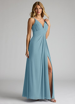Azazie Maren Allure Brautjungfernkleider A-Linie V-Hals Spitze Chiffon Kleid Stimmungsvolles Blau image4