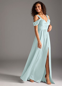Azazie Lianne Bridesmaid Dresses Sea Glass A-Line Off the Shoulder Stretch Satin Dress image6