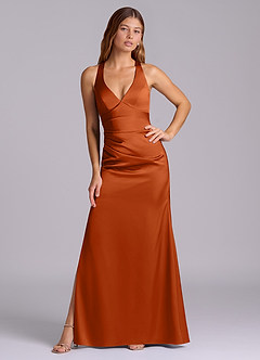 Azazie Amelie Bridesmaid Dresses Burnt Orange A-Line Pleated Stretch Satin Dress image5
