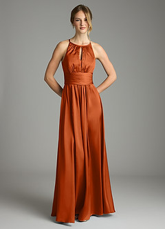 Azazie Bonnie Bridesmaid Dresses Burnt Orange A-Line Pleated Stretch Satin Dress image3