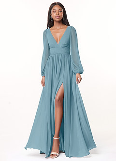Azazie Norah Bridesmaid Dresses Moody Blue A-Line V-Neck Long Sleeve Chiffon Dress image1