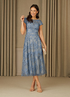 Azazie Sanna Mother of the Bride Dresses Dusty Blue Champagne A-Line Scoop Lace Tulle Dress image1
