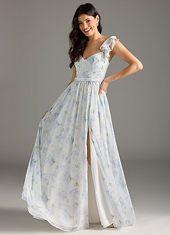 Azazie Nalin Probar vestidos en casa Vestido de Azul Vintage Floral de Gasa de Corte en A con Volante image7