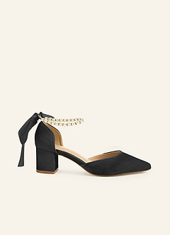 front Matching Color Matte Satin Pearl and Bow Pointed Toe Block Heels & Beaded Clutch Set