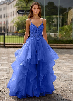 Spitze Royal Blue Sheer Lace Prom Dress image4