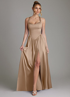 Azazie Francis 신부 들러리 드레스 A라인 코르셋 스트레치 새틴 바닥 길이 드레스 image3