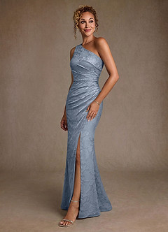 Azazie Joylin Moeder van de bruid jurken Trompet Jurk van Bloemen Burn-out One-Shoulder Stoffig Blauw image3