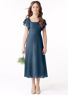 Azazie Bondi Junior Vestido de Neptuno de Gasa de Corte en A con Volante image2