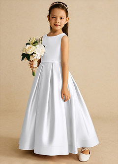 Azazie Cailee Flower Girl Dresses White Ball-Gown Pleated Matte Satin Dress image2