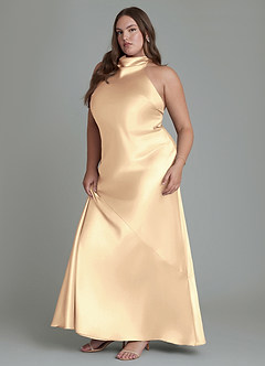Azazie Velli Vestidos de damas de honor Vestido Oro de Satén Metálico de Corte Recto con Cuello alto image12