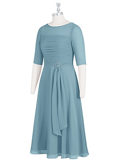 Azazie Naomi Abiti per la Madre della Sposa Abito A-Line in Chiffon Plissettato con Scollo a Barca Blu Lunatico image9