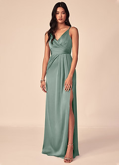 Azazie Aqua Robes de demoiselle d'honneur Robe Trapèze en Satin extensible Col V plissé Sauge D'argent image1