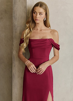 Azazie Saige Bridesmaid Dresses Burgundy Sheath Off the Shoulder Stretch Satin Dress image2