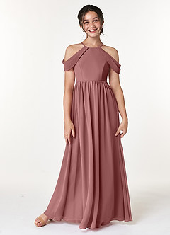 Azazie Seneca Junior Desert Rose A-Line Off the Shoulder Chiffon Dress image1