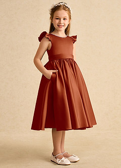 Azazie Dumpling Flower Girl Dresses Paprika A-Line Bow Matte Satin Dress image4