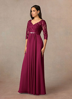 Azazie Hayek At-home Try On Dresses Agave A-Line V-Neck Lace Chiffon Dress image2