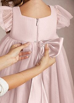 Azazie Kalio Flower Girl Dresses Blushing Pink A-Line with Sleeves Tulle Dress image4