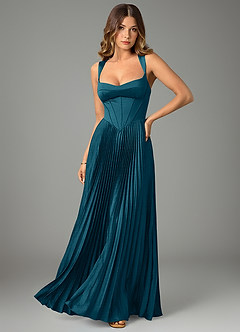 Azazie Avenelle Bridesmaid Dresses Ink Blue A-Line Corset Stretch Satin Dress image1