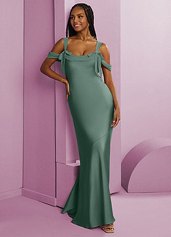 Barbie ♥ Azazie Final Sale Eucalyptus Sheath Pleated Stretch Satin Dress image3