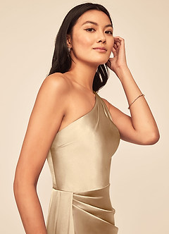 Azazie Maron Bridesmaid Dresses Champagne A-Line One Shoulder Stretch Satin Dress image6