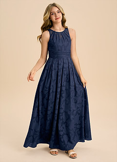 Azazie Bibiane Junior Dark Navy A-Line Pleated Floral Burnout Dress image5