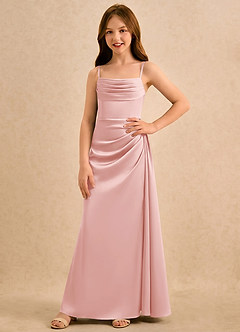 Azazie Shyla Girls Formal Robe Demoiselle D'honneur Fillette Robe Fourreau en Satin extensible Plissée Rose Poudré image4