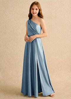 Azazie Puddles Junior Formal Flower Girl Dresses Dusty Blue A-Line One Shoulder Stretch Satin Dress image4