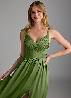Azazie Chanel Robes de demoiselle d'honneur Robe Trapèze en Satin extensible Plissée Genévrier image3