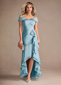 Azazie Billings Mother of the Bride Dresses Moody Blue Mermaid Off the Shoulder Stretch Satin Dress image7