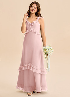 Azazie Tavie Junior Powder Pink A-Line Ruched Chiffon Dress image5