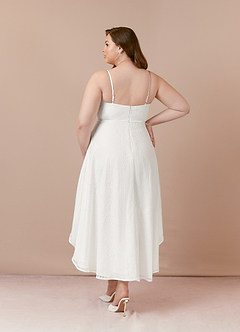 Azazie Emi Wedding Dresses A-Line Lace Matte Satin Asymmetrical Dress image10
