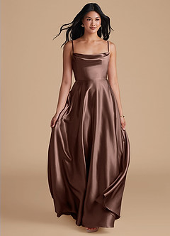 Azazie Elle Bridesmaid Dresses Espresso A-Line with Pockets Metallic Satin Dress image5