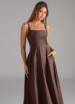 Azazie Shaude Bridesmaid Dresses Ganache A-Line Pleated Stretch Satin Dress image2