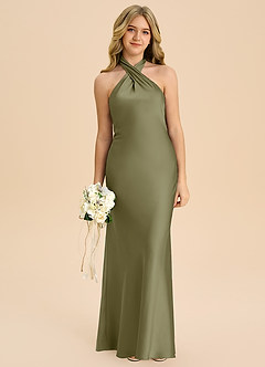 Azazie Chickie Junior Vestido de Pistacho de Satén Elástico de Corte Recto con Plisado image3