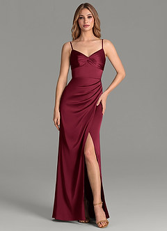 Azazie Emersyn Bridesmaid Dresses Burgundy Sheath Pleated Stretch Satin Dress image1