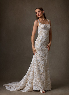 Azazie Amara Wedding Dresses Diamond White Nude Mermaid Square Neckline Lace Dress image4