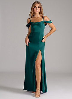 Azazie Callan Bridesmaid Dresses Peacock A-Line Pleated Stretch Satin Convertible Dress image3
