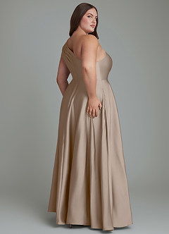 Azazie Melanie Bridesmaid Dresses Taupe A-Line Off the Shoulder Stretch Satin Dress image8