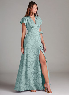 Azazie Ling Bridesmaid Dresses Mist A-Line Pleated Floral Burnout Dress image4