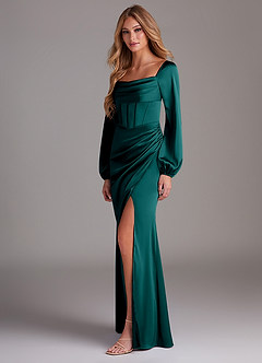 Azazie Charissa Bridesmaid Dresses Peacock Sheath Long Sleeve Stretch Satin Dress image5