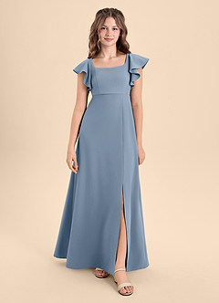 Azazie Bondi Junior Dusty Blue A-Line Side Slit Stretch Crepe Dress image3