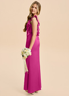 Azazie Jessamine Junior Fuchsia Sheath Ruched Stretch Satin Dress image3