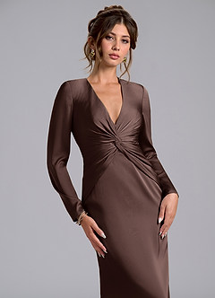 Azazie Tria Final Sale Ganache Mermaid Long Sleeve Stretch Satin Dress image5
