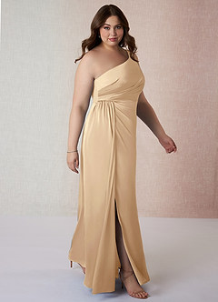 Azazie Mika Bridesmaid Dresses Champagne Sheath One Shoulder Stretch Satin Dress image10