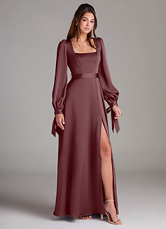 Azazie Leonia Robes de demoiselle d'honneur Robe Trapèze en Satin extensible Manche longue Sangria image3