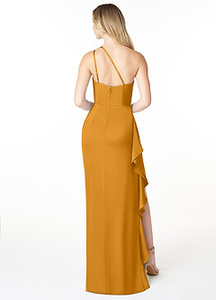 Azazie Latrice Bridesmaid Dresses Butterscotch Sheath One Shoulder Cascading Ruffles Stretch Satin Dress image2