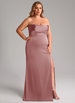 Azazie Saige Vestidos de damas de honor Vestido de Rosa Polvorienta de Satén Elástico de Corte Recto con Vestidos sin tirantes image17